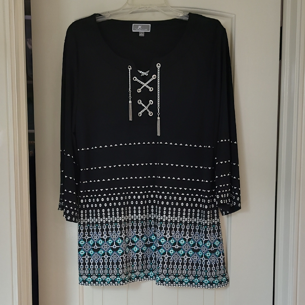 JM Collection Black Tunic with Teal and White Accents